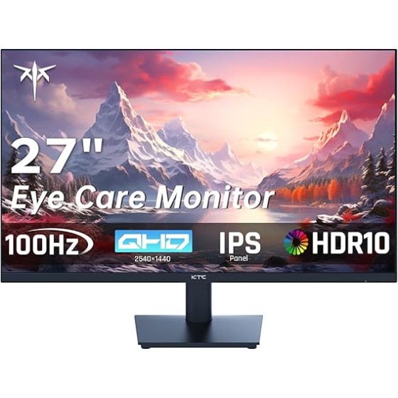 KTC 27 Inch QHD Computer Monitor, 2K 100Hz IPS Gaming Monitor, 1440P Frameless Eye Care PC Office Monitor with HDMI/DP, FreeSync & G-Sync, HDR10, VESA, Tilt Adjustable