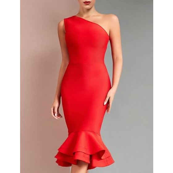 whoinshop Women's One Shoulder Mermaid Bodycon Dress Celebrity Midi Party Club Bandage Dress