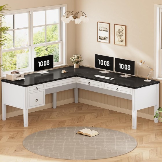 SEDETA 63" Executive L Shaped Desk, Home Office Desk with 4 Drawers, Farmhouse Corner Computer Desk with Storage & File Drawers for Home Office