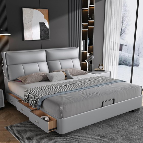 OUDINI Queen Upholstered Bed Frame with 3 Storage Drawers Double Bed Adjustable Headboard, Strong Wooden Slats Support