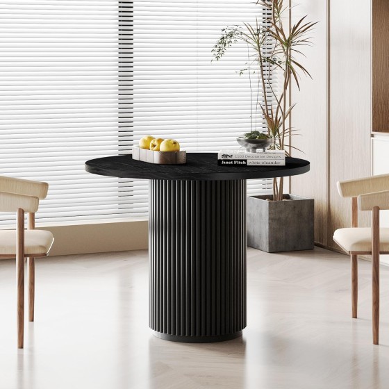 Round Dining Table, Modern Farmhouse Kitchen Table Black, 35 Inch Small Circle Dining Tables with Solid Wood Strip Base for Kitchen Living Room(Only Table)