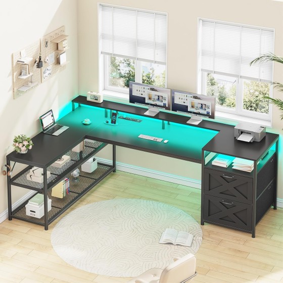 SEDETA 67" L Shaped Desk with Drawers, Computer Office Desk with Storage Shelves & Power Outlet, Reversible Gaming Desks with LED Lights for Home Office